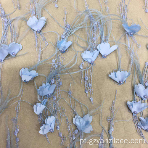 Tela bordada azul da flor da pérola de Feaher para vestidos